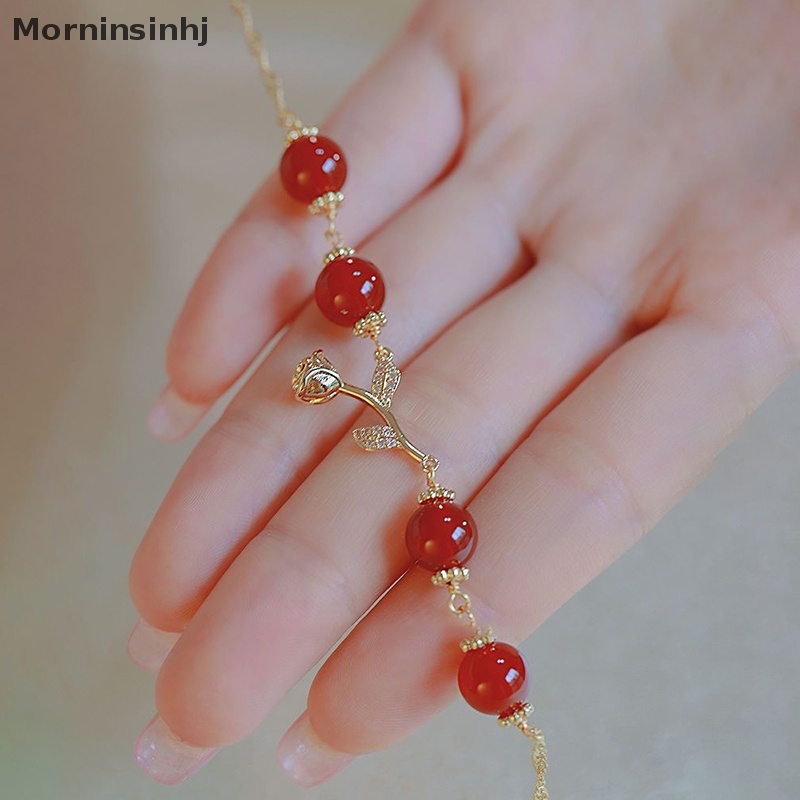 Mornin Golden Rose Natural Red Agate Round Beads Adjustable Gelang Wanita Ornamen Gaya Lembut Perhiasan Halus Hadiah id