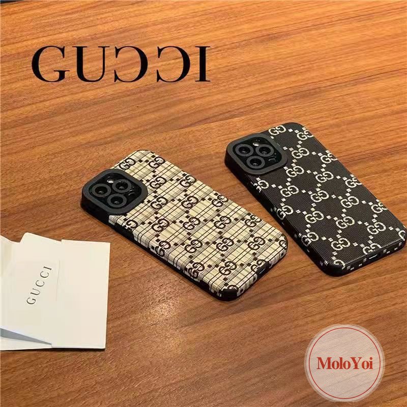 IPHONE Stiker Tekstur Kulit Gaya Eropa Dan Amerika Case Kompatibel Untuk Iphone7 8 Plus XR X XS Max13 11 14 12 Pro Max 7Plus 8Plus Lembut Shockproof Trendi Merek G.U.C.C.I Cover