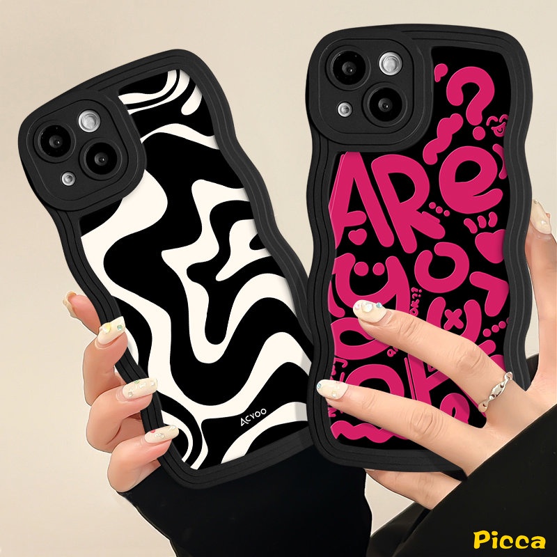 Ins Art Zebra Pattern Wavy Edge Case Untuk Redmi 12C 10C 10 9A 9T 10A 9C A1 9 A1+Redmi Note11 10 Pro 9s 8 10s 9 11s POCO X3 Mi 11T Pro NFC Pro M3 Rose Red English Doodle Case/Tempat Doodle