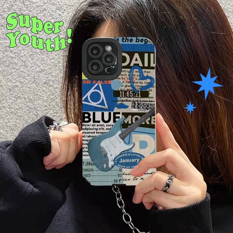 Lamb Skin Fashion Blue Blue Guitar Soft Case IPhone 6S 7 Plus 8 Plus X XS XR XS Max 11 13 12 14 PRO Max 14 Plus 12 13 mINI SE Phone Case Black for Women GIRL