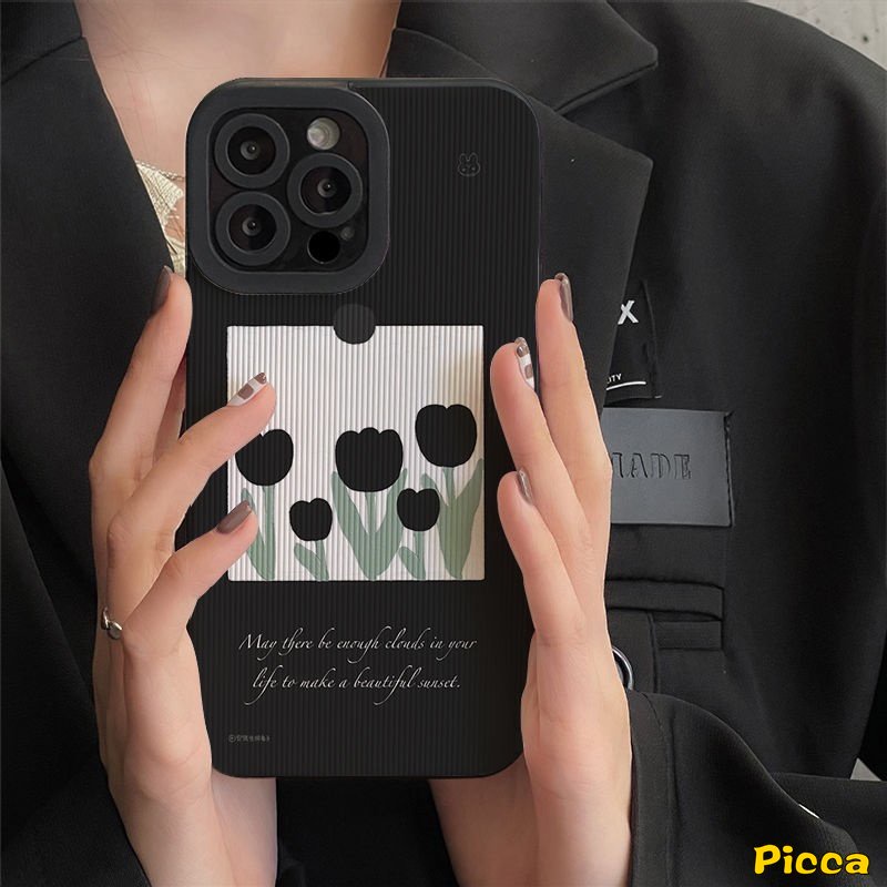 Ins Vintage Black Flowers Phone Case Kompatibel Untuk IPhone 14 Pro Max XR 7Plus 11 14 13 12 Pro Max X7 8 Plus XS Max Tulip Mewah Tekstur Kulit Lembut Silicon Back Cover