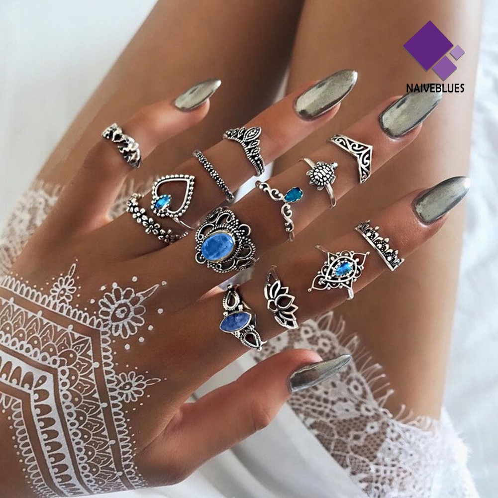 &lt; Naiveblues &gt; 13Pcs Boho Hollow Stacking Ring Set Knuckle Midi Tip Pesta Wanita