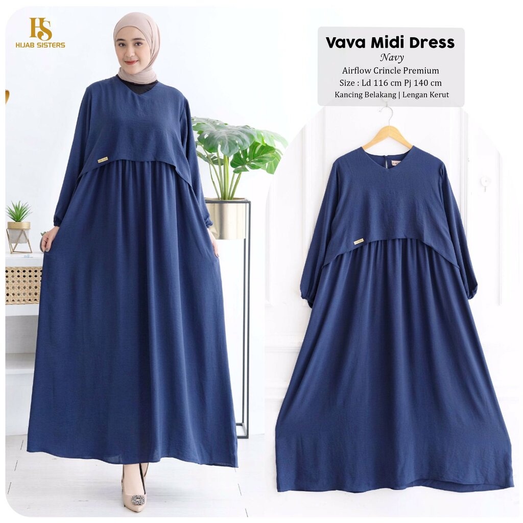 VAVA Midi Dress ORI HIJAB SISTER | Gamis Crinkle Airflow Premium Polos LD 115