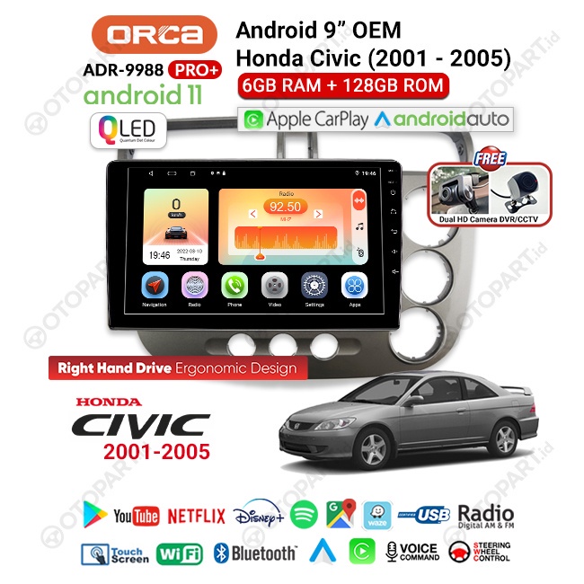 Head Unit TV Android 9" inch PRO+ GE 2 DVR Honda Civic VTi 2001-2005 ORCA GEN 2