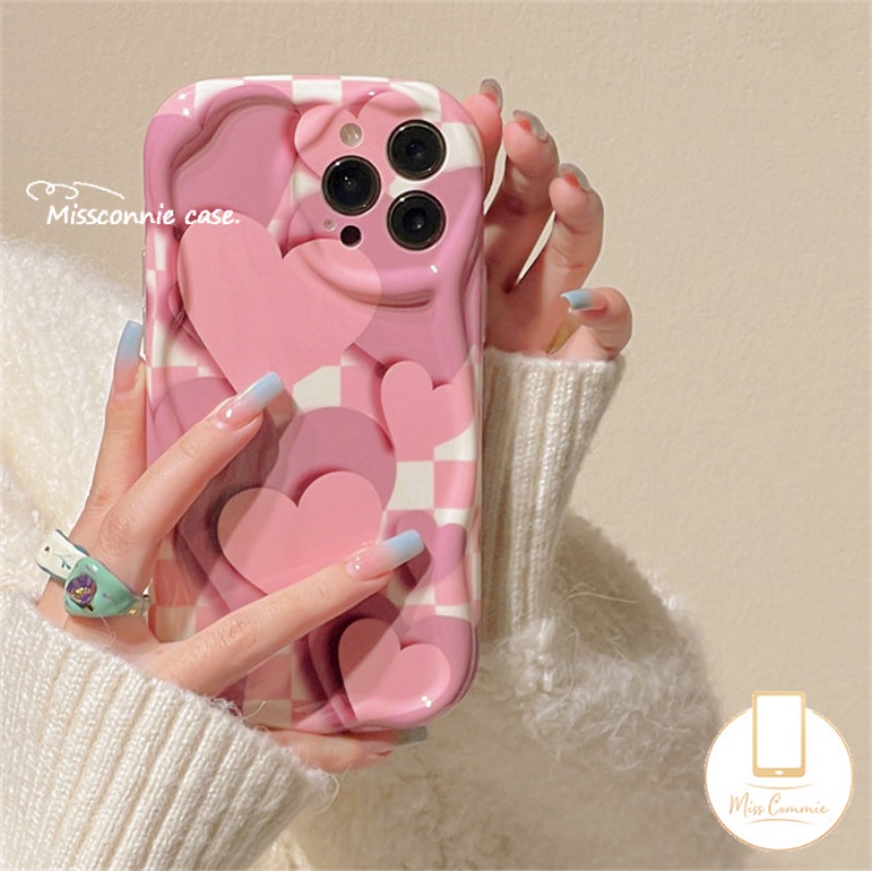 Casing Ponsel Cinta Hati Gradasi Pink Kompatibel Untuk IPhone 14xr 7Plus 11 12 13 Pro Max X 7 8 6s 6 Plus XS Max SE 2020 3D Wavy Curved Edge Glossy Shockproof Cover Soft Shell