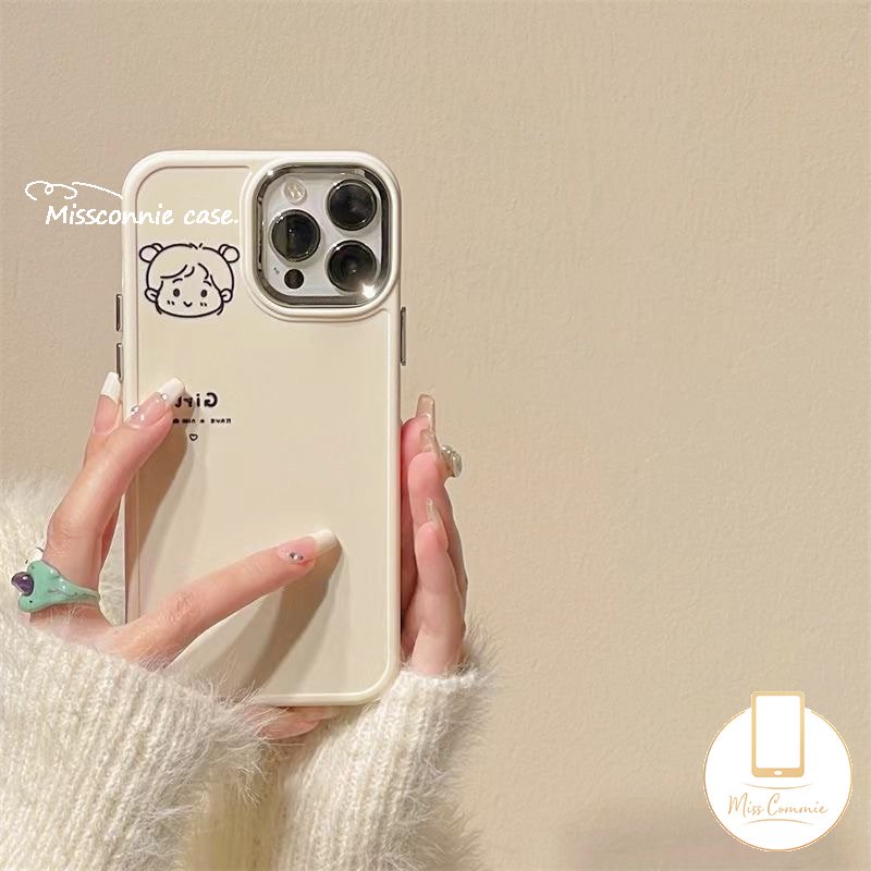 IPHONE Casing Ponsel Cowok Cewek Simple Lucu Kompatibel Untuk Iphone11 14 12 13 Pro Max7 8 Plus X XR 8plus XS MAX 7plus Pasangan Plating Bingkai Lensa Logam Lembut Tpu Penutup Belakang