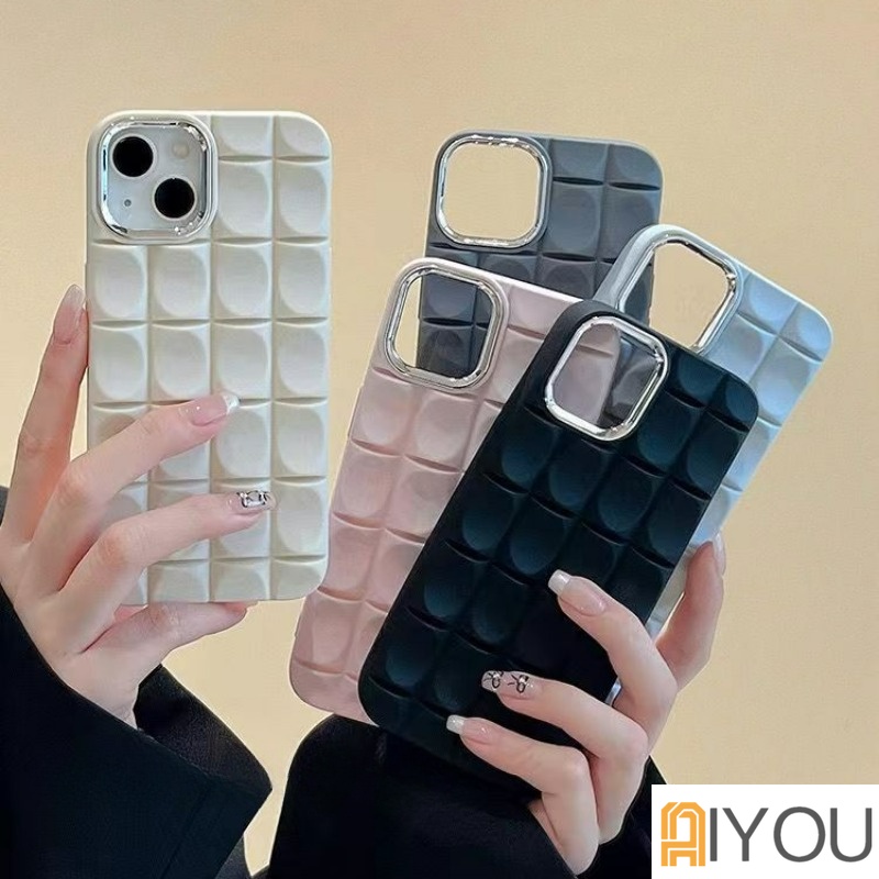 IPHONE Kompatibel Untuk Iphone14 13 12 11 Pro Max SE 2020 X Xr Xs Max8 7 6 6sPlus Mewah Sederhana Kisi Hitam Dan Putih Casing Ponsel Persegi Desain Tepi Lurus Lembut Shockproof Cover