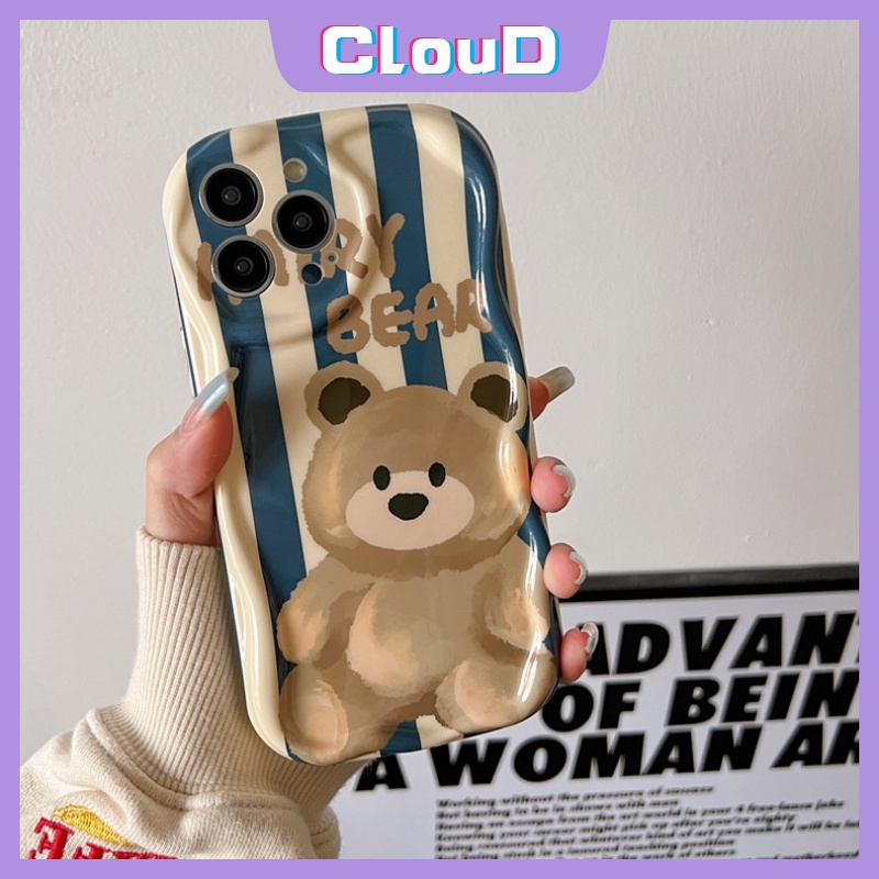 IPHONE Kartun Lucu Beruang Stripe Case Kompatibel Untuk Iphone11 7Plus XR 11 14 13 12 Pro Max X 6s 7 8 6 Plus XS Max SE 2020 3D Wavy Curved Edge Tpu Lembut Shockproof Airbag Glossy Cover