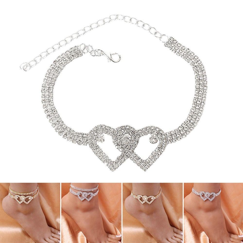 Lily Gelang Kaki Rantai Emas Perak Double Heart Bling Foot Chain