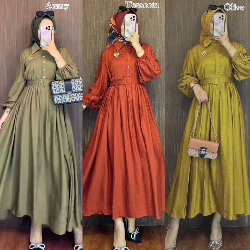 Zoyya Dress Wanita Polo Linen Premium Gamis Terbaru Lengan Balon Panjang Baju Muslim Polos Kekinian LD 110 cm