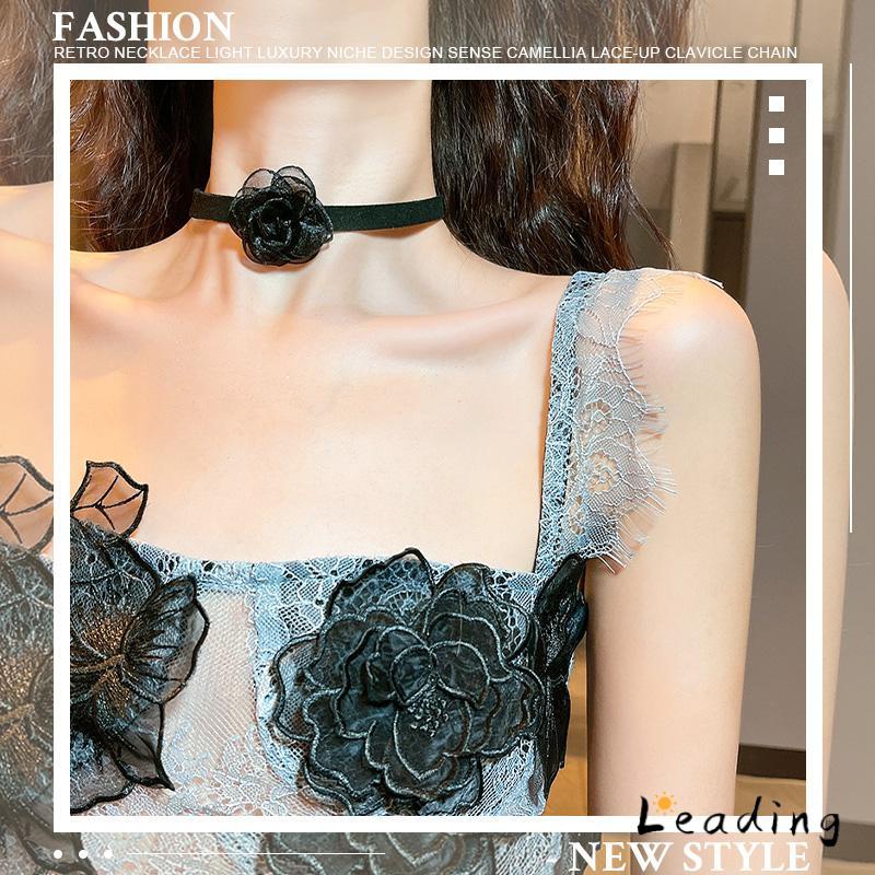 Waktu Seksi Choker Kerah Perhiasan Retro-Hitam Renda Camellia Kalung Pesta Makan Malam Neck-Band Wanita Fashion Adjustable Neckl-Le