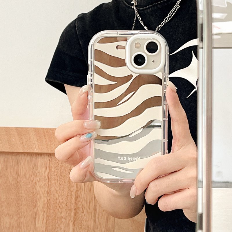 【Ice Cream Mirror】Air Bag Pretty Zebra-stripe Silver Soft Case IPhone 11 12 13 14 Pro Max Women's Gift Cute Phone Case Make Up