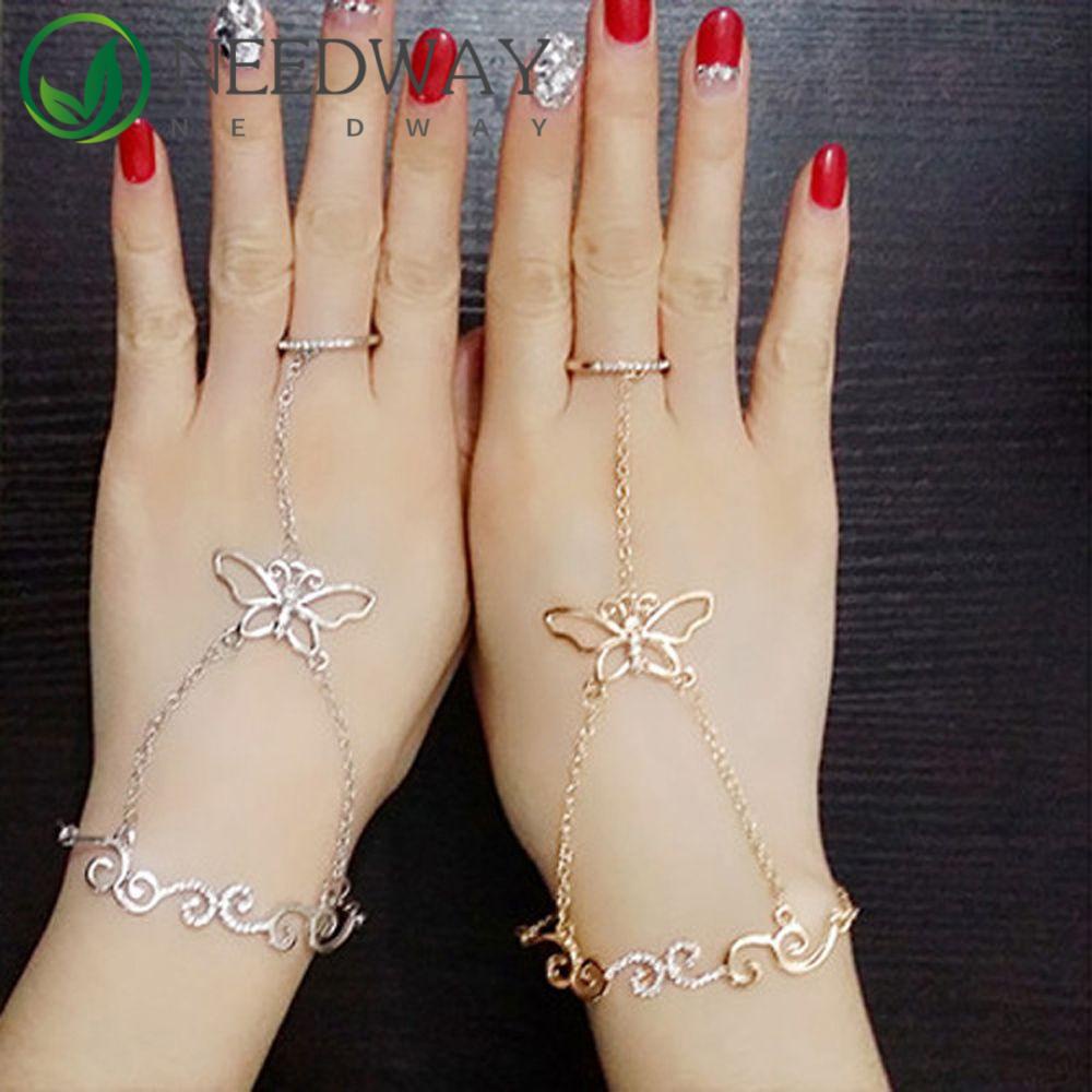 Needway   Rantai Budak Link Jari Cincin Pesona Untuk Wanita Emas Perak Fashion Wrist Hand