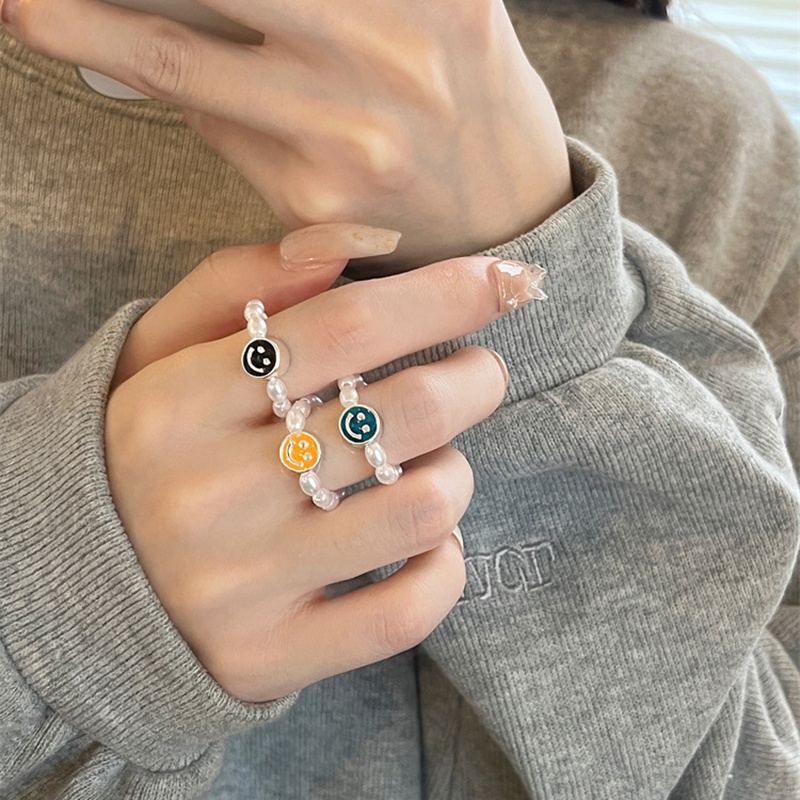 Cincin Manik-Manik Geometris Wajah Tersenyum Mutiara Fashion Untuk Wanita