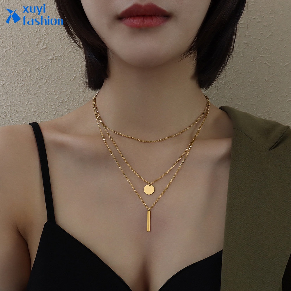 Kalung Multilayer Emas Kalung Choker Liontin Persegi Panjang Untuk Aksesoris Perhiasan Fashion Wanita