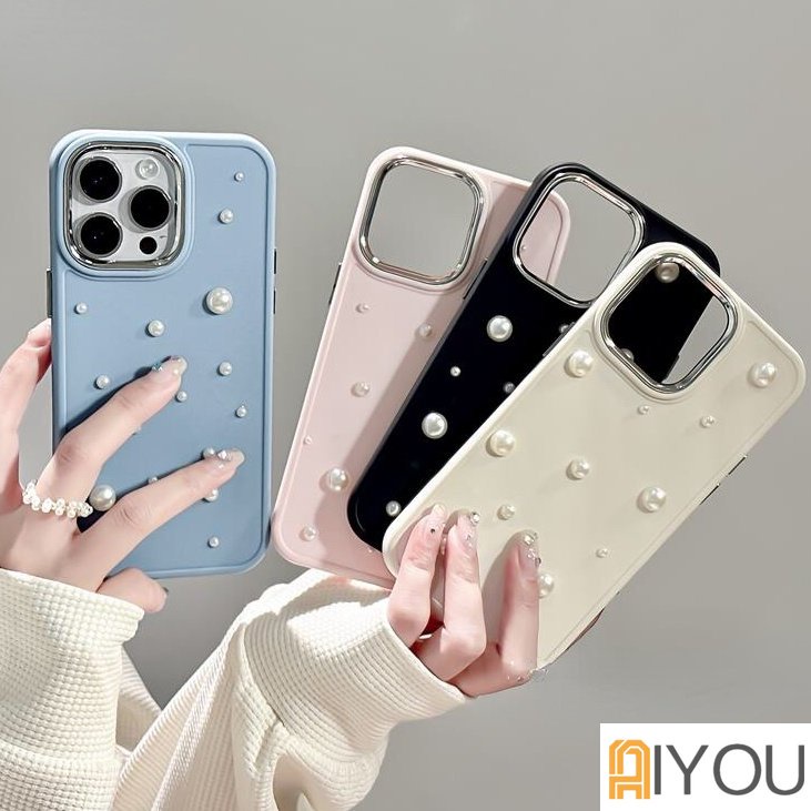 IPHONE Ins Korea Lucu 3D Mutiara Putih Kreatif Telepon Case Untuk Iphone14 13 12 11 Pro Max X XR Plating Lensa Pelindung Soft Cover