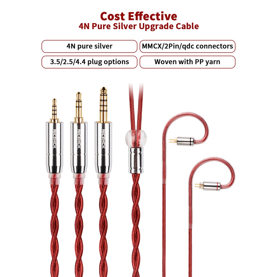 Nicehck RedAg 4N Perak Murni HiFi Earphone Coaxial Cable 3.5/2.5/4.4mm MMCX/QDC/0.78 2Pin Untuk HOLA Zero KATO Aria LAN Cadenza