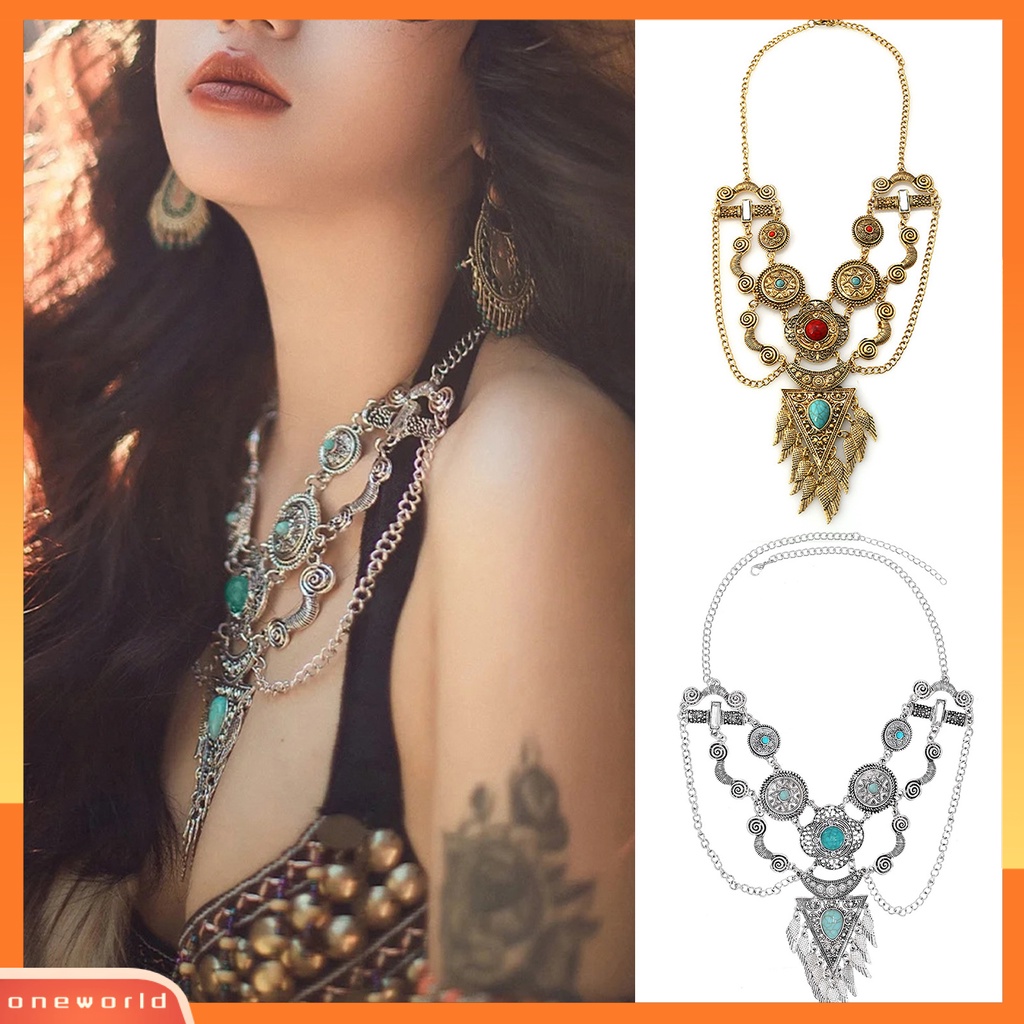 [ONE] Ladies Necklace Berlebihan Vintage Multi-layer Handmade Adjustable Dress Up Cantik Gaya Etnik Vintage Ukiran Kalung Pesta Perhiasan