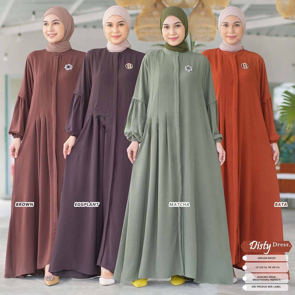 Disty Dress Gamis Wanita Muslim / Motif polos / Airflow Import LD 110 Kancing