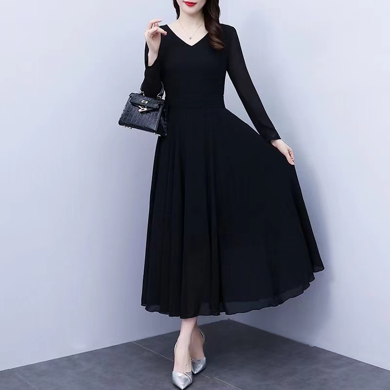 FANMU 2023 Versi Korea Baru V -Neck Gaun sifon pinggang tinggi/gaun hitam ukuran besar/dress hitam wanita/dress hitam panjang