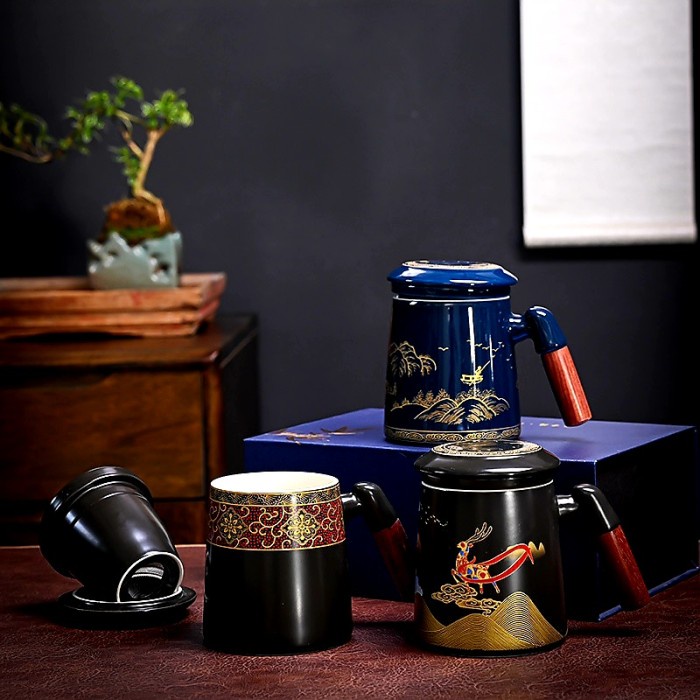 Mug Chinese Tea Set Saringan Teh Gelas Keramik Motif China Souvenir Teko Teh Gelas Kopi Premium Kado Harga Grosir Termurah