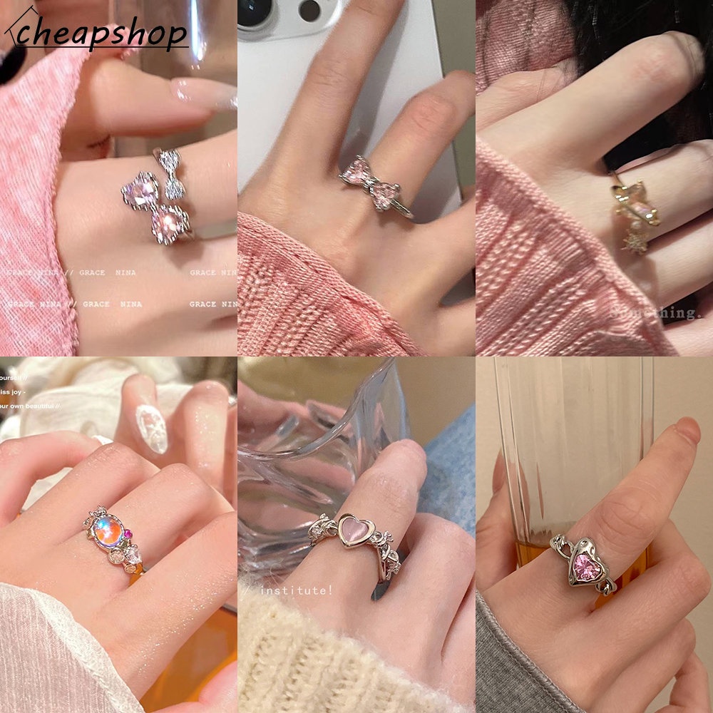 Ifyou Cincin Zirkon Pink Manis Kristal Busur Pembukaan Dapat Disesuaikan Cincin Perak Untuk Aksesoris Perhiasan Wanita