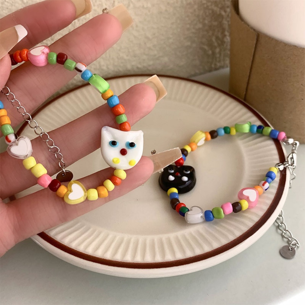 Kitty Meow Kartun Cinta Warna-Warni Gelang Manik-Manik Anak-Anak Baru Yang Menyenangkan Kucing Lucu Hitam Putih Perhiasan Gadis Seksi