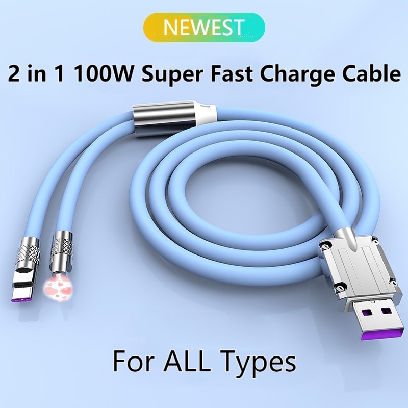 Baru 2in1 100W 6A Kabel Pengisian Super Cepat Untuk iPhone Huawei Family Bucket Type C Cable Liquid Silicone Charge Cable Bold 6.0mm Data Line