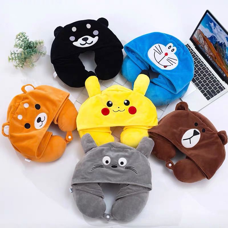 Hooded Neck Pillow Bantal Leher / Pikachu Doraemon Neck Pillowtravel / Bantal Leher Halus Lembut Terbaru Lucu Bantal Sandaran Mewah Tidur Busa Travel Portabel Mobil Pesawat Bus Kereta Kantor Cute Neck Pillow