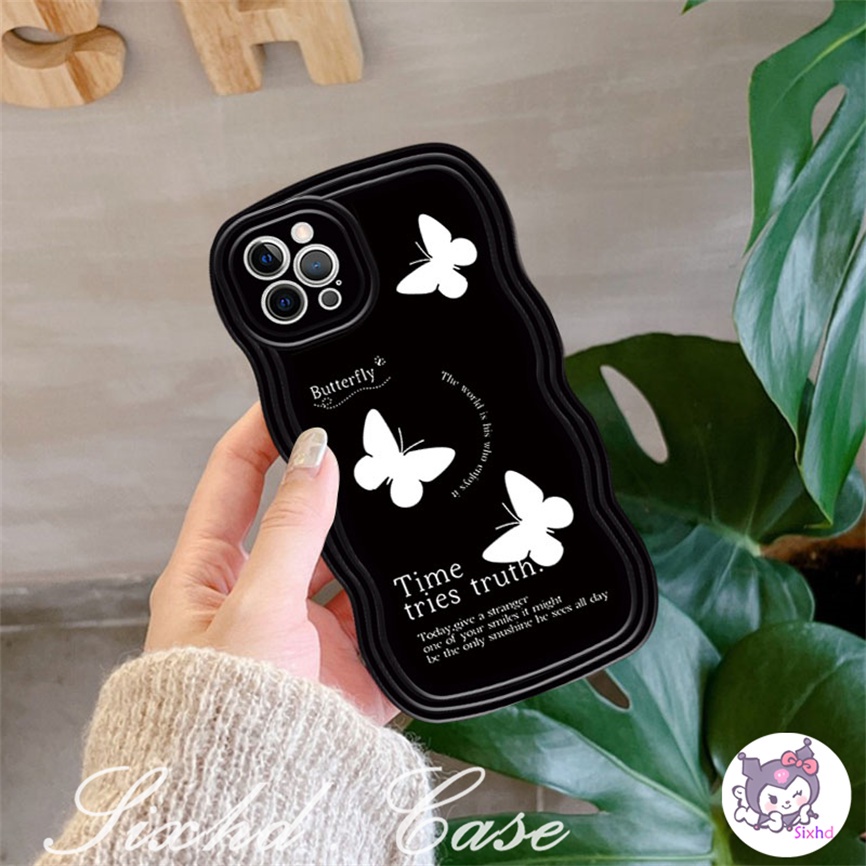 IPHONE Kompatibel Untuk Iphone14 13 12 11 Pro Max SE 2020 X XR Xs Max7 8 6 6s Plus Wave Edge Fashion Hitam Kupu-Kupu Lembut Casing Ponsel Shockproof Case Clear Cover