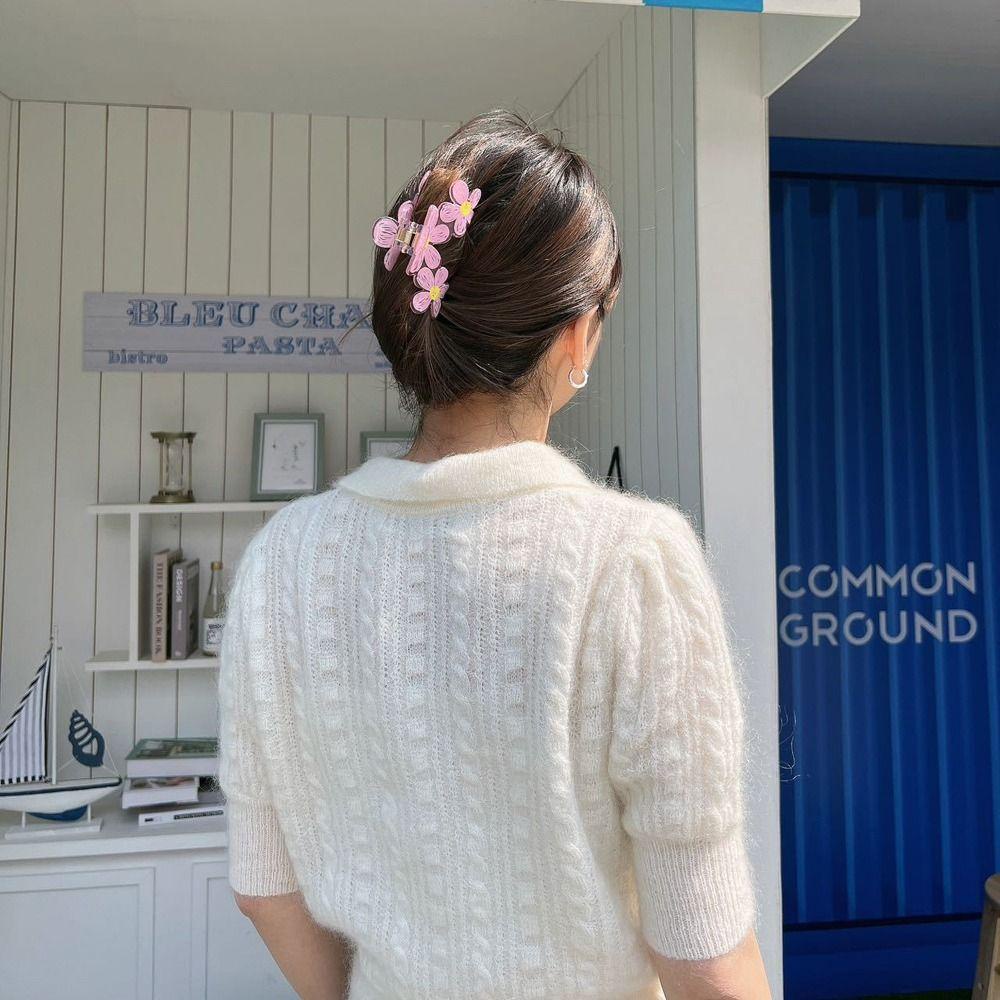 REBUY Rebuy Flower Hair Claw Pesta Elegan Stylish Shark Clip Besar Jepit Rambut Ponytail Holder Hiasan Kepala Geometris Bentuk Bunga Korean Hairgrip