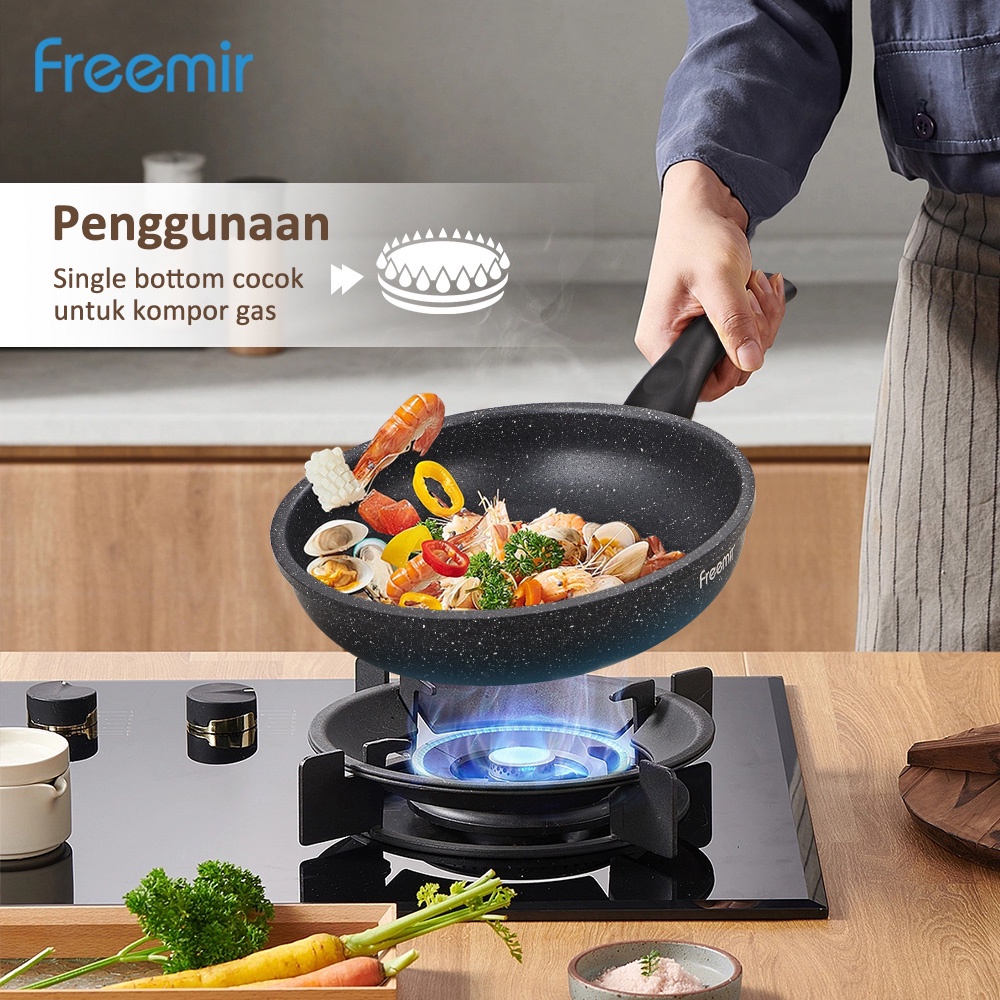 Freemir 20 cm Wajan Penggorengan Anti Lengket  Non Stick Multifungsi Single Bottom Hitam