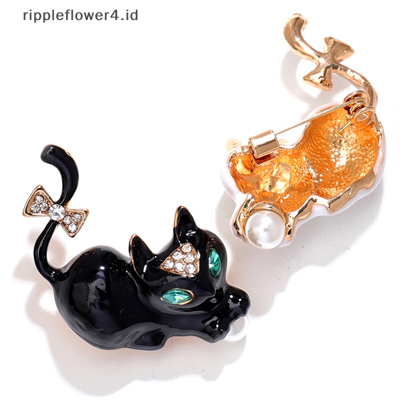 {rippleflower4.id} Temperamen Bertatahkan Berlian Hitam Putih Kucing Bros Retro Korsase Dekoratif Jas Pakaian Lencana Untuk Lady Jewelry Pins~