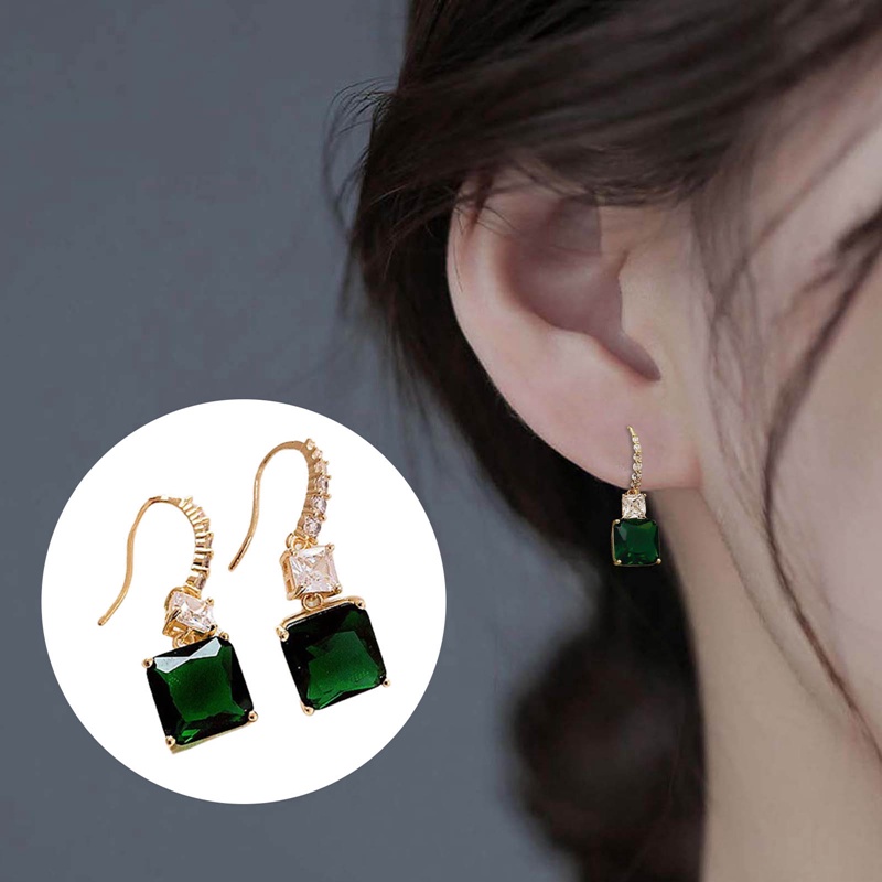 Anting Menjuntai Wanita Warna Emas Dengan Persegi Hijau Cubic Zirconia Temperamen Anting Telinga Perempuan Perhiasan Pernyataan Baru