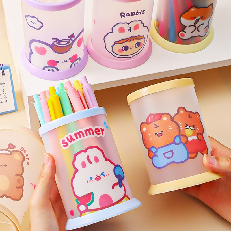 Creative Cartoon Series PP Translucent Round Pen Holder/ Desktop Storage Wadah Pensil Alat Tulis/ Kotak Penyimpanan Brushes Kosmetik Serbaguna