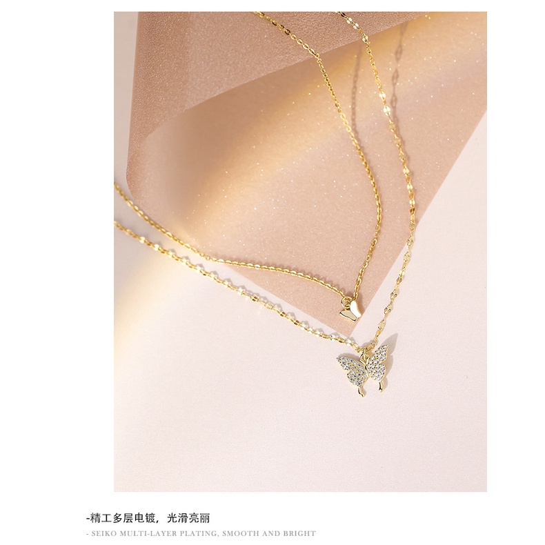 Butterfly Double Layer Necklace Aksesoris Kreatif Unik Berkedip Berlian Kupu-Kupu Double Layer Kalung Wanita Alami Tipe Geometris Kalung Tubuh Unik Influencer ins Sederhana Rantai Klavikula