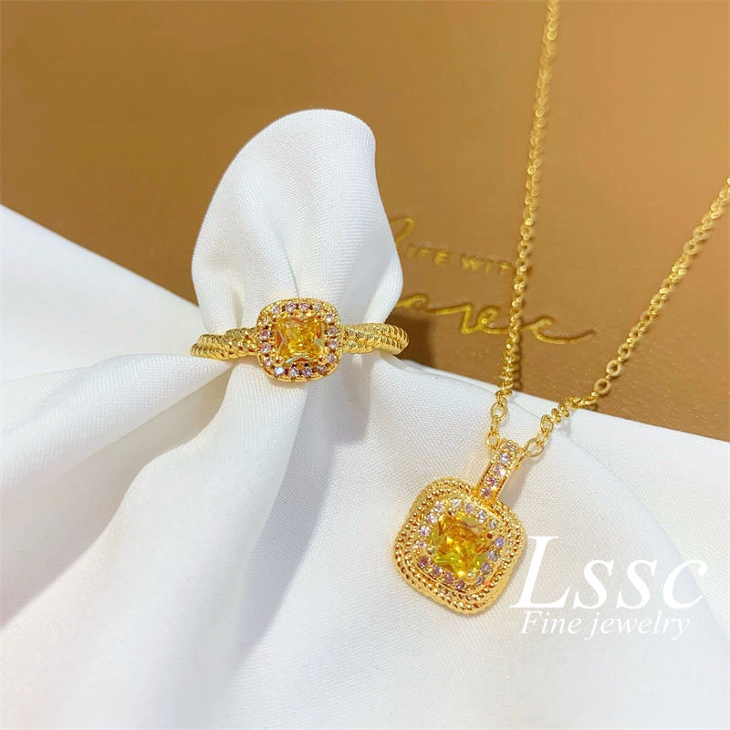 Kalung Titanium Wanita Permata Kristal Kuning Emas 18K Anti Karat Cantik Mewah Korea Aksesoris Perhiasan