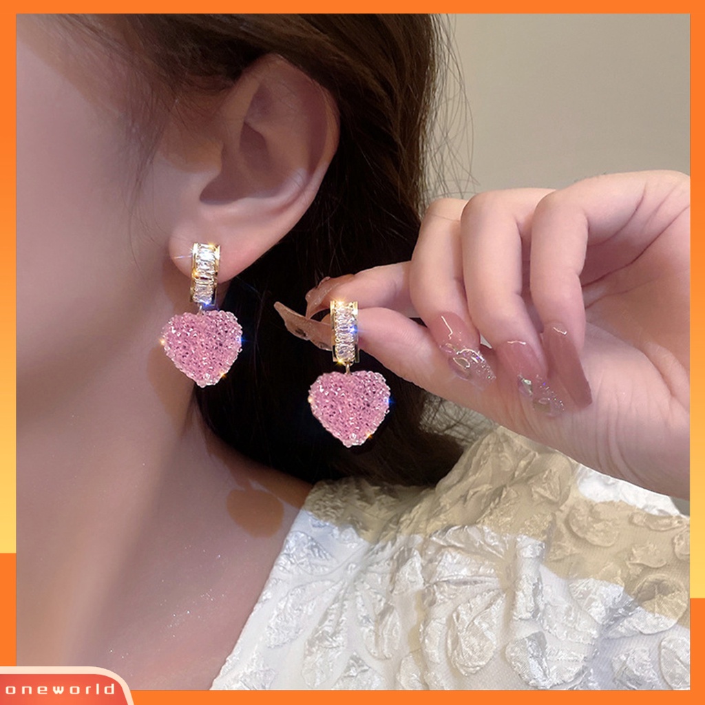 [WOD] 1pasang Anting Menjuntai Shiny Cubic Zirconia Sweet Geometric Anti Luntur Hias Hadiah Ulang Tahun Wanita Pink Fudge Cinta Liontin Stud Earrings Perhiasan Untuk Pacaran