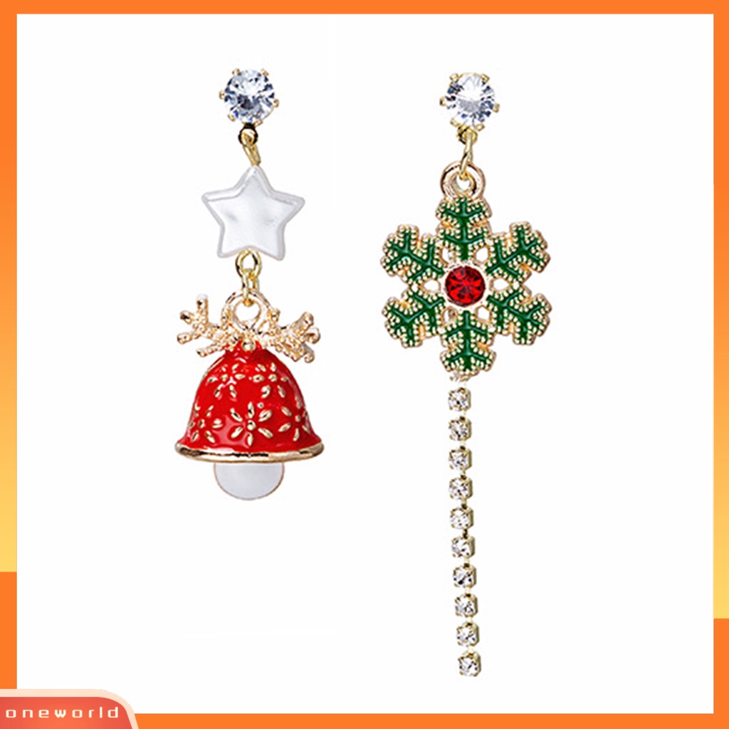 [WOD] 1pasang Anting Natal Snowflake Bell Rumbai Dicat Asimetri Berlian Imitasi Berkilau Anting Stud Panjang Untuk Pakaian Sehari-Hari