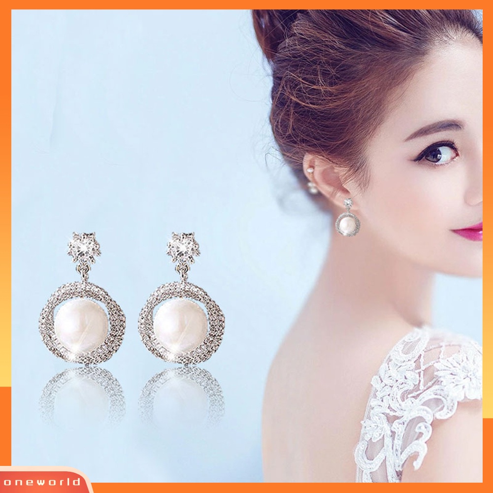 [WOD] Wanita Elegan Berlian Imitasi Mutiara Imitasi Lingkaran Menjuntai Ear Stud Earrings Perhiasan Hadiah