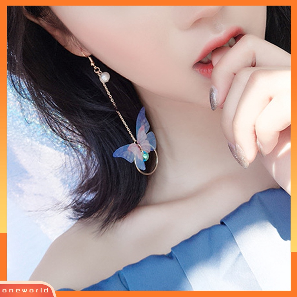 [WOD] 1pasang Rantai Bulat Rumbai Piercing Drop Earrings Retro Asimetris Kupu-Kupu Mutiara Imitasi Anting Perhiasan Aksesoris