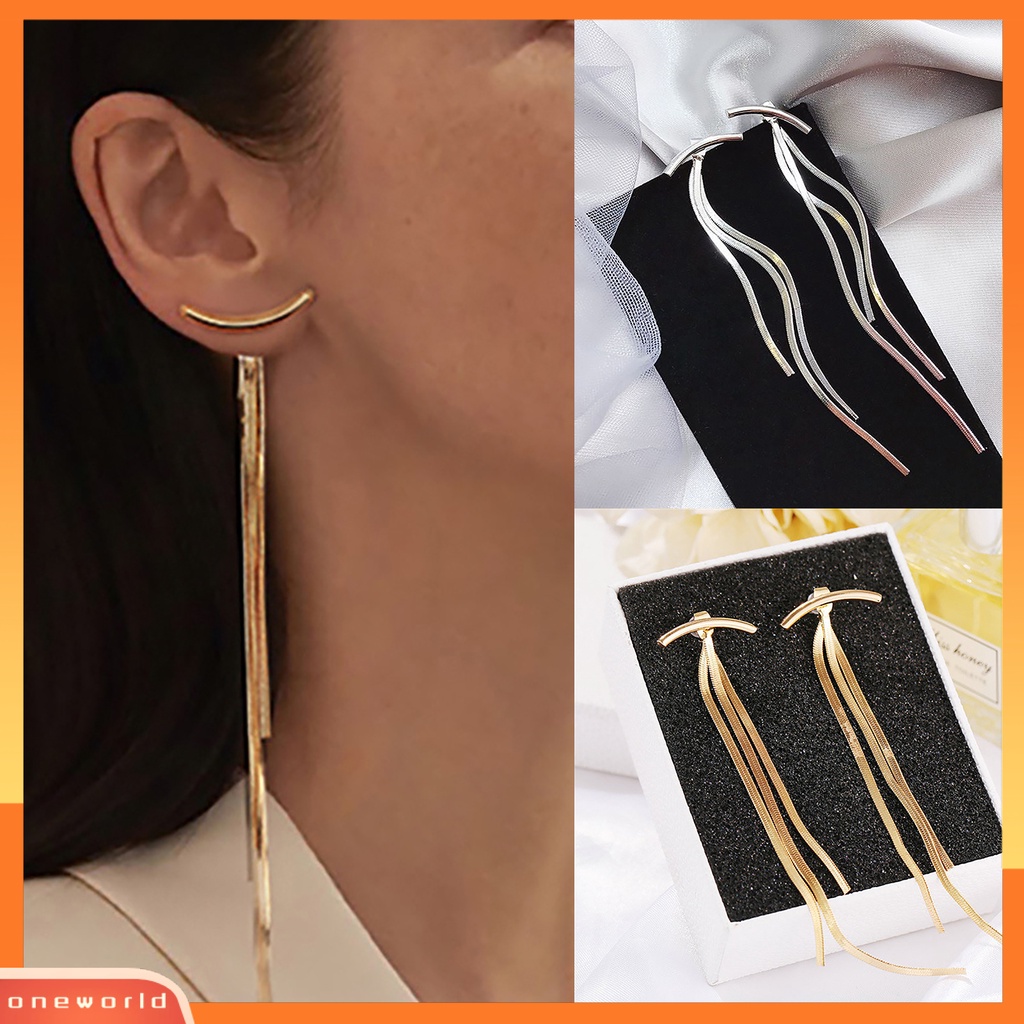 [WOD] 1pasang Benang Panjang Rumbai Menjuntai Anting Logam Glossy Arc Bar Stud Earrings Perhiasan Aksesoris