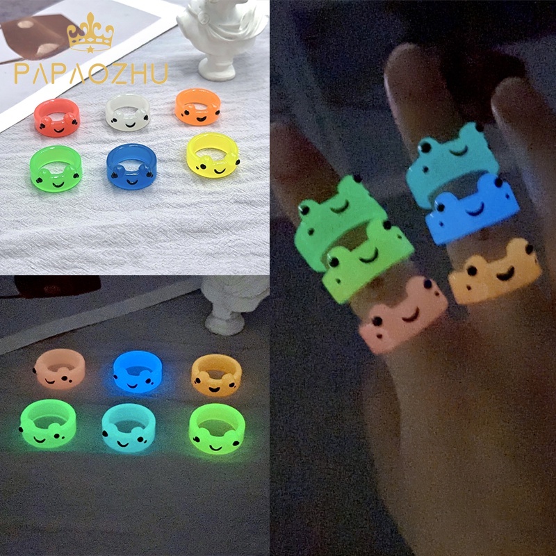 Papaozhu Trendi Resin Warna-Warni Bercahaya Katak Cincin Untuk Wanita Pria Anak Lucu Bercahaya Dalam Gelap Kartun Rings Kreatif Jari Perhiasan Hadiah Yang Sempurna