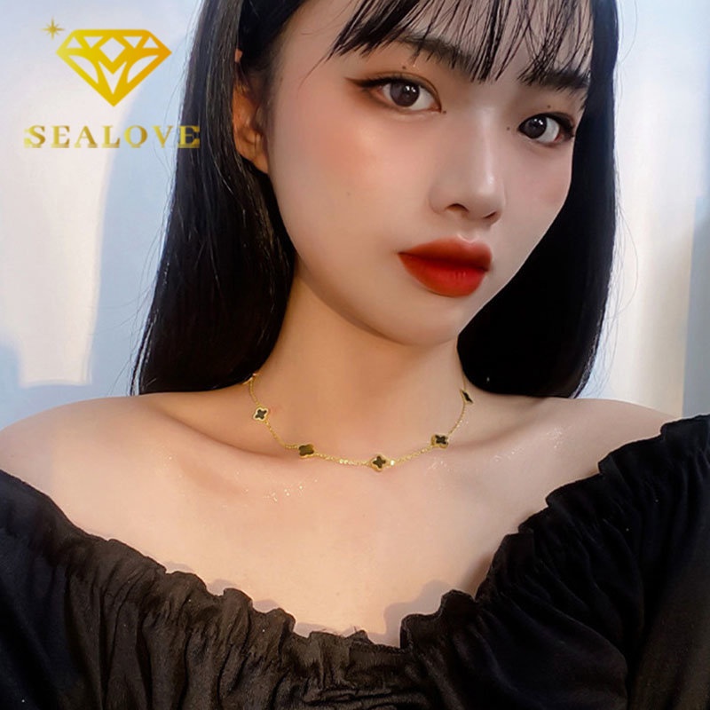 Kalung Titanium Anti Karat Bunga Hitam Keberuntungan Cantik  Emas 18K Korea Aksesoris Wanita Perhiasan