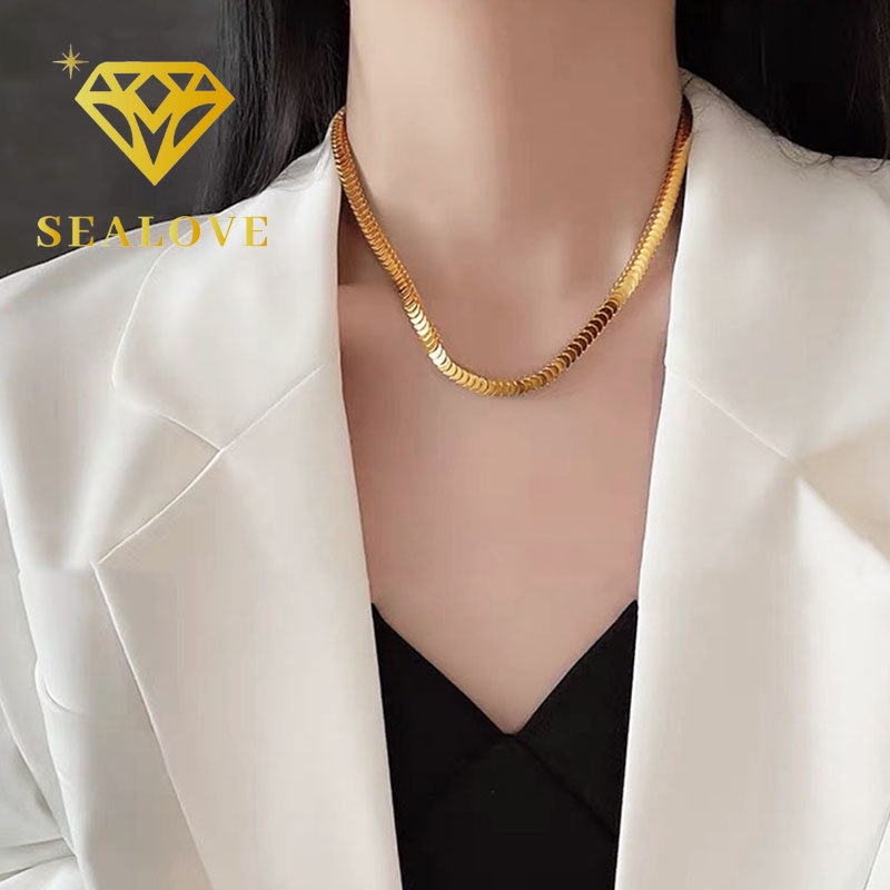 Kalung Titanium Wanita Sisik Ikan Emas 18K Anti Karat Cantik Elegan Korea Rantai Belut Aksesoris Perhiasan