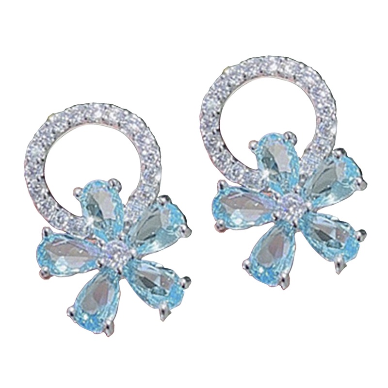 Anting Stud Bunga Cubic Zirconia Biru Muda Untuk Perempuan Warna Silver Temperamen Wanita Manis Earrings Statement Jewelry