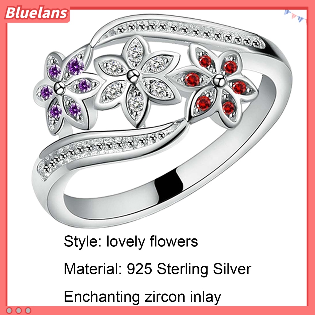 [BLS] Cincin Perak Berlapis Desain Bunga Cubic Zirconia Hias Shiny Fashion Wanita Ring Untuk Pernikahan