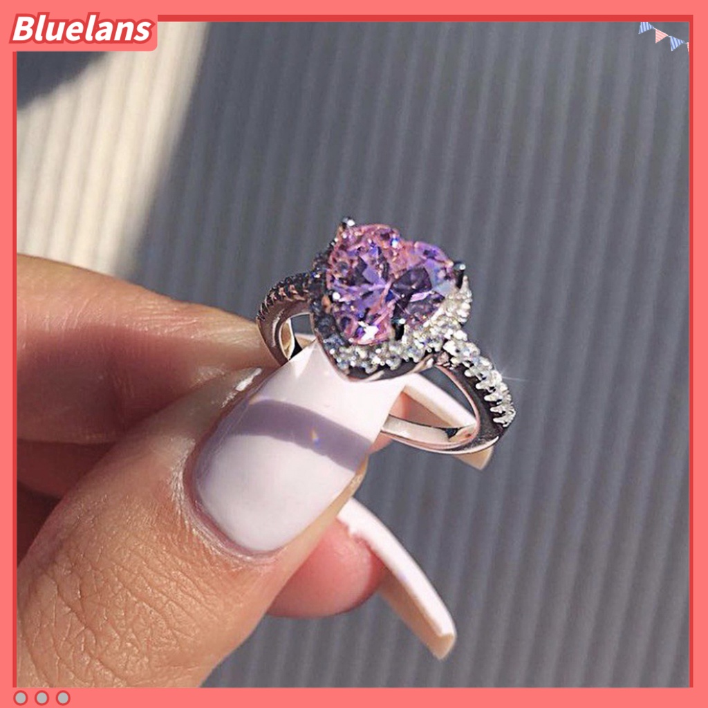 [BLS] Merah Muda Berbentuk Hati Berlian Imitasi Cincin Platinum Berlapis Wanita Perhiasan Aksesoris