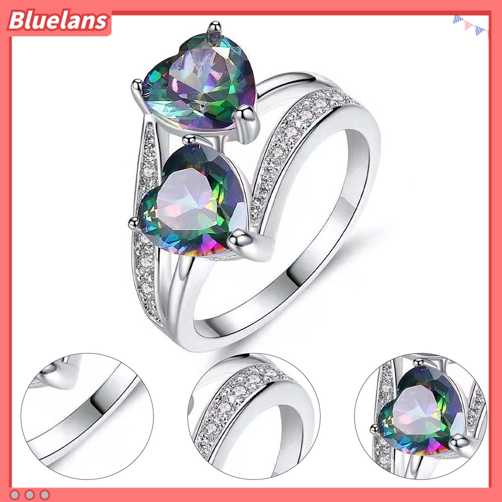 [BLS] Cincin Wanita Double Heart Sparkling Cubic Zirconia Fashion Penampilan Pita Jari Untuk Pesta