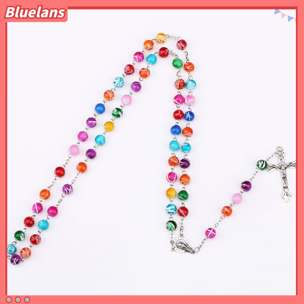 [BLS] Wanita Kristen Katolik Rosario Manik Jesus Cross Pendant Strand Kalung Perhiasan